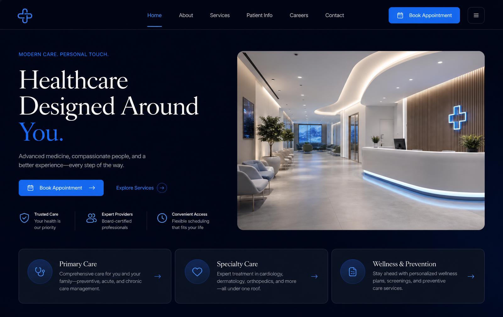 Projeto demonstrativo de site para clínica médica com layout escuro e agendamento em destaque