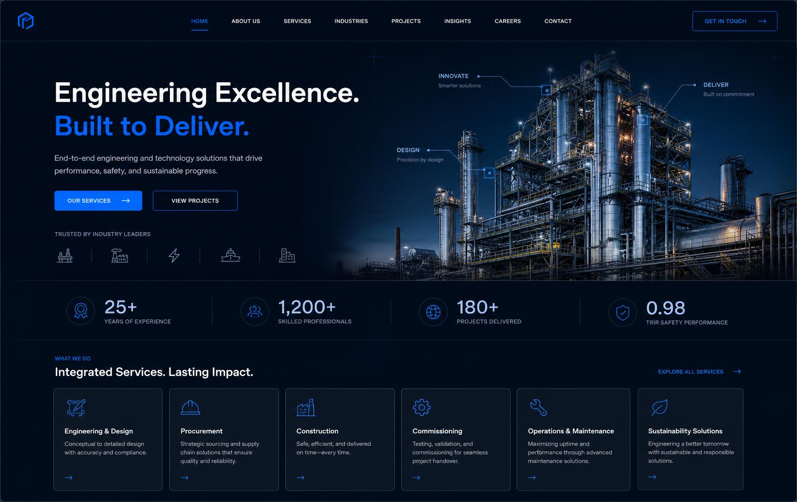 Projeto demonstrativo de site para empresa de engenharia e serviços com grid de soluções